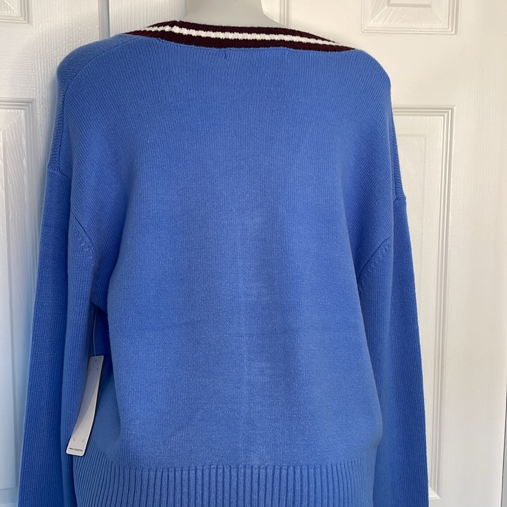 FRENCH CONNECTION VARSITY STYLE VNECK LONG SLEEVE RIB BOTTOM SWEATER BLUE SIZE L - Picture 12 of 13
